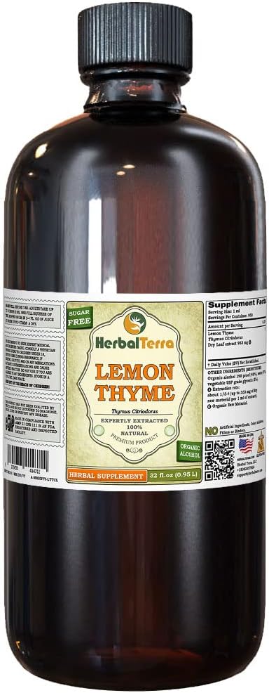 Citrónový tymián (Thymus x Citriodorus) Tinktúra, Organicky sušený rastlinný tekutý extrakt (názov bradavice: bylinnáTerra, hrdo vyrobené v USA) 32 fl.oz (0,95 l)