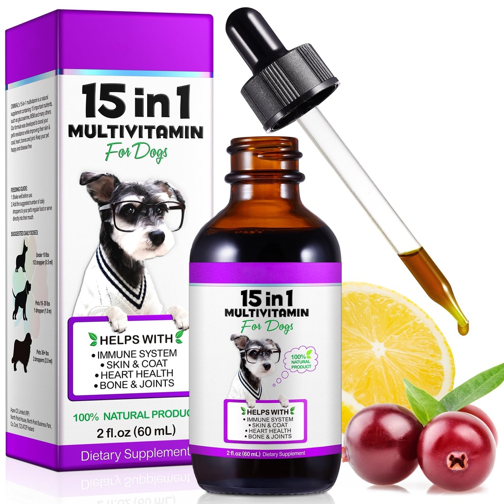 Pes Multivitamín,15 v 1 pes Multivitamínové Liquid Drops Doplnky, Pes Vitamíny pre zdravie srdca, kosti, kĺbu, kože a plášťa, močový mechúr, imunitný systém podpora 60ml