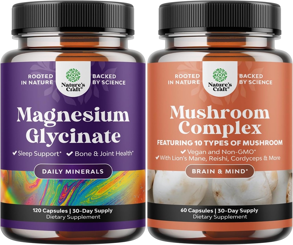 Bundle of Magnézium Glycinate Kapsule Minerálne a nootropný mozog Focus Mushrom - Immune Support Bone Health Podpora nálady - 10X Hubová zmes pre rovnováhu cukru a duševné zameranie