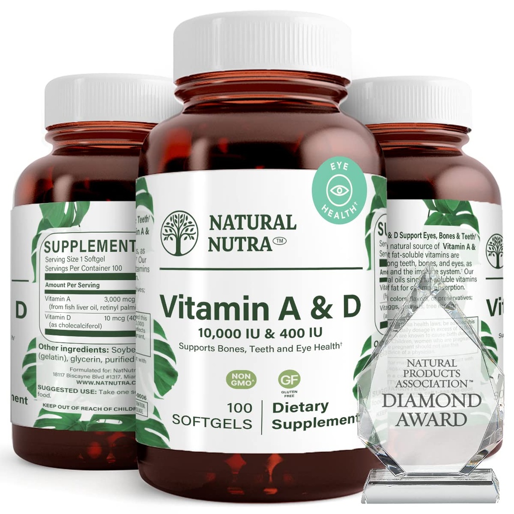 Prírodné Nutra vitamín A a D, podporuje zdravie kostí a zlepšuje zdravie očí, podporuje silné zuby, zlepšuje vitality, Zdroj z Cod Liver Oil, podporuje celkové zdravie, 10000IU/400IU, 100 Softgels