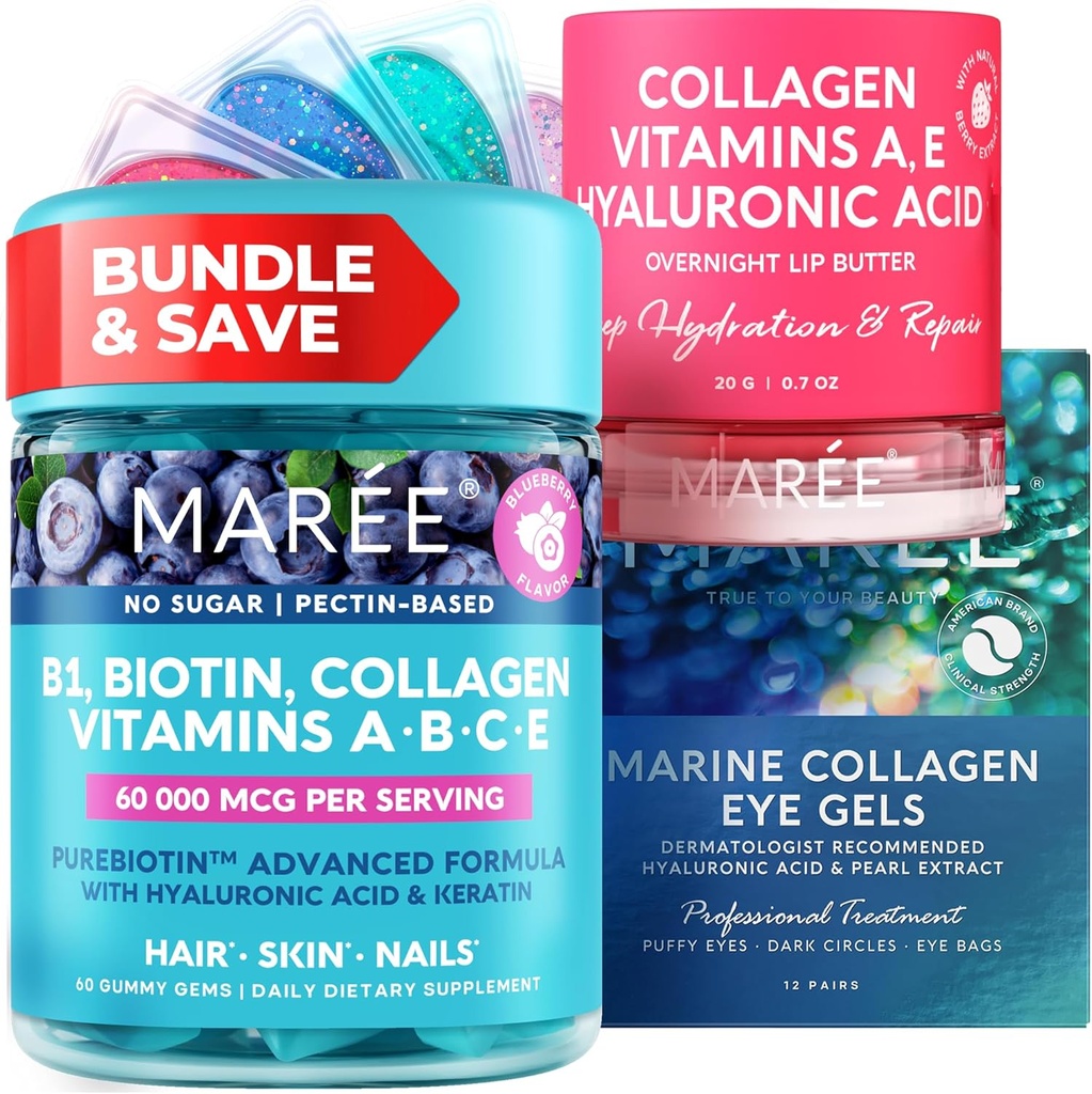 MAREE Bundle - vitamín B1 tiamínové guličky, maska Lip, pod očami gély - A, E, D, C vitamíny - kolagén a kyselina hyalurónová - komplex pre pokožku, nechty, vlasy - maska pre suché pery - gély pre opuchnuté oči