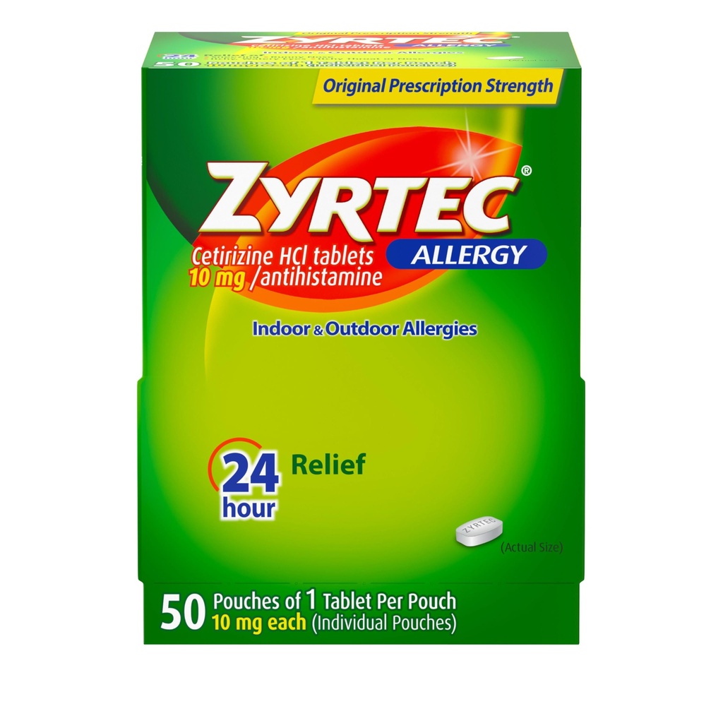 Zyrtec 24 hodín Tablety na úľavu od alergie, individuálne zabalené indoor and outdoor Alergy Medicine s 10 mg Cetirizine HCl per Antihistaminika Tableta, 1 tableta v balení, 50 ct Dispensit