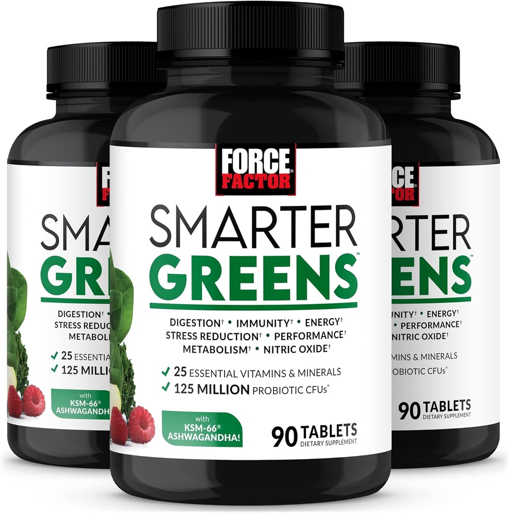 FORCE FACTOR Smart Greens Tablety, 3-Pack, Greens Doplnok s 25+ Superfoods a antioxidanty na zlepšenie trávenia, zníženie stresu, posilnenie imunity, a podpora metabolizmus, 270 tabliet