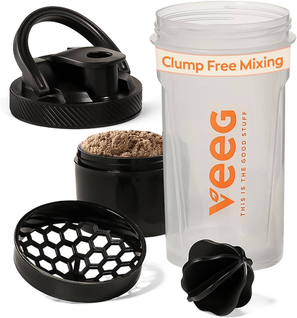 Veeg Shaker Fľaše pre proteínové zmesi, Protein Shake Fľaša so zmiešavacou guľou, namáhač, skladovacie oddelenie. 24 oz fľaša fľašu fľašu s trepaním v telocvični, Flip Top Lid, Carry Handle. Bez BPA, Netesný, Umývačka riadu Trezor.