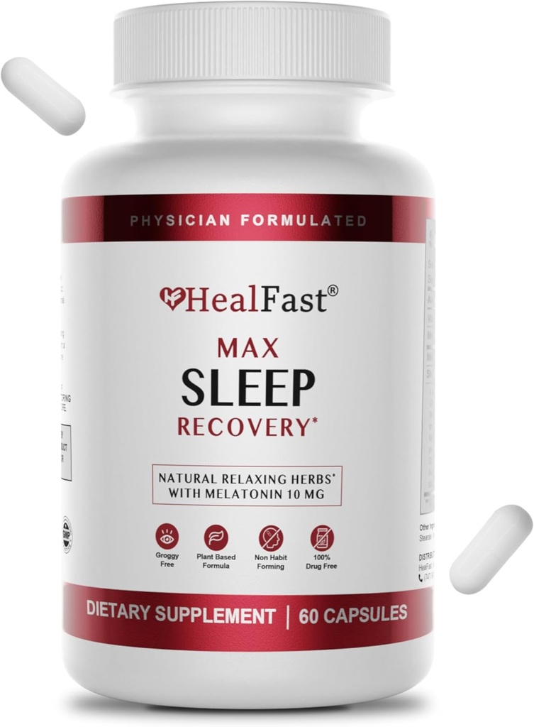 HealFast lekár Formulované Max spánková pomoc s extra silou Melatonín 10 mg - Rýchle rozpúšťanie - Prírodné spánkové pomôcky pre dospelých - Melatonínové tabletky - Byliny, aminokyseliny, a melatonín - 60 Ct