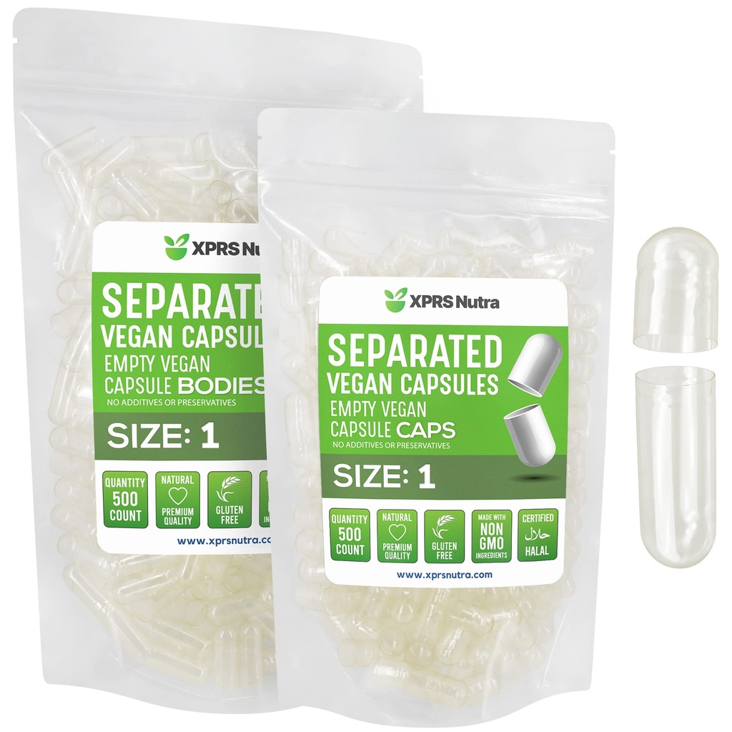 XPRS Nutra Vegan Veľkosť 1 Oddelené Kapsule - 500 Gróf Premium Prázdne Kapsule Oddelené vo vreckách - Vymazať pilulky 1 Prázdne pre DIY Supplement Plnenie