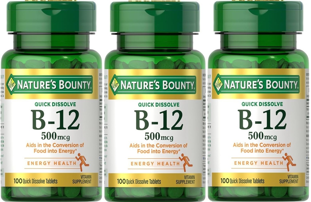 Nature's Bounty B-12 Quick Rozpustiť tablety 500 Mcg, 300 Tablety (3 X 100 Počet fliaš)