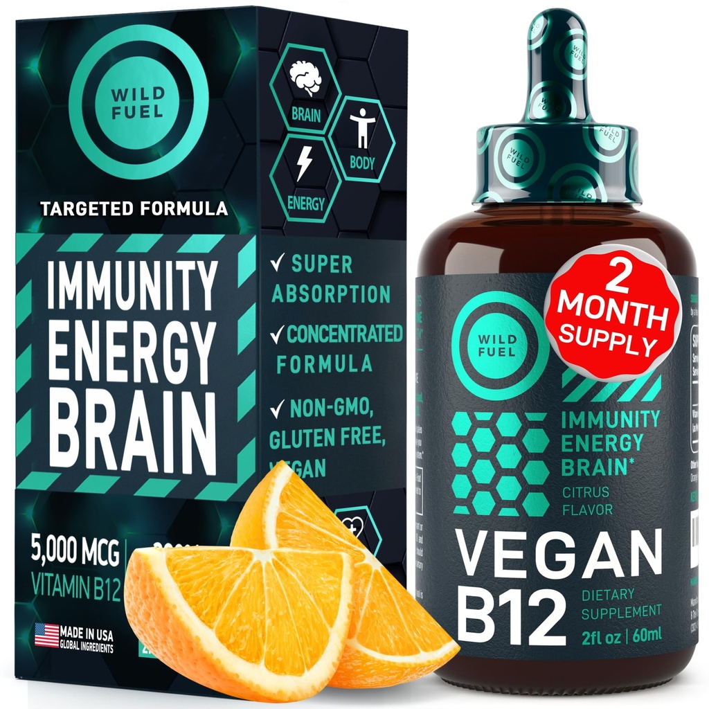 Vegan Vitamín B12 Tekuté kvapky - Fast-Acting B12 Sublingválne 5000 mcg Metylkobalamín Supplement - Energia, pamäť a podpora nálady - High-Potency One-Dropper Per Day - Natural Citrus Flavor - 2oz