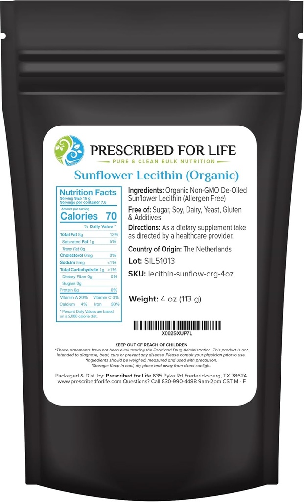 Predpísaný pre život Organická slnečnica Lecitín prášok, prírodné, Gluten zadarmo, Vegan, Non GMO, Soy Free, Kosher, Lecithin Supplement Bohatý na choline & Essential Mastné kyseliny (4oz / 113g)