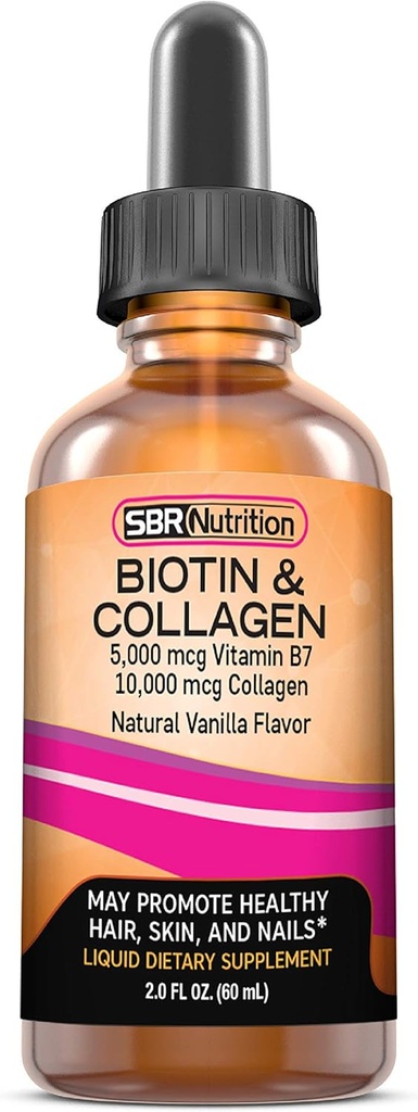 SBR Nutrition Biotin a kolagén Liquid Daily Dietary Supplement, Vitamíny pre rast a zhrubnutie vlasov, zdravie kože a nechtov sila, 2 oz (60ml)