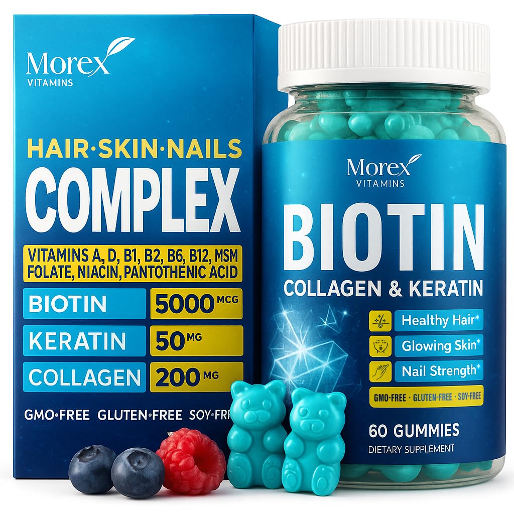 Biotín Kolagén Keratín Gummy - Multivitamín prírodné pre vlasy, pokožku a nechty s vitamínom A, D, B7 - Anti Aging Kolagén Gummy Vitamíny pre mužov a ženy, Vlasy a nechty rast doplnok - 60 Gumové medvede