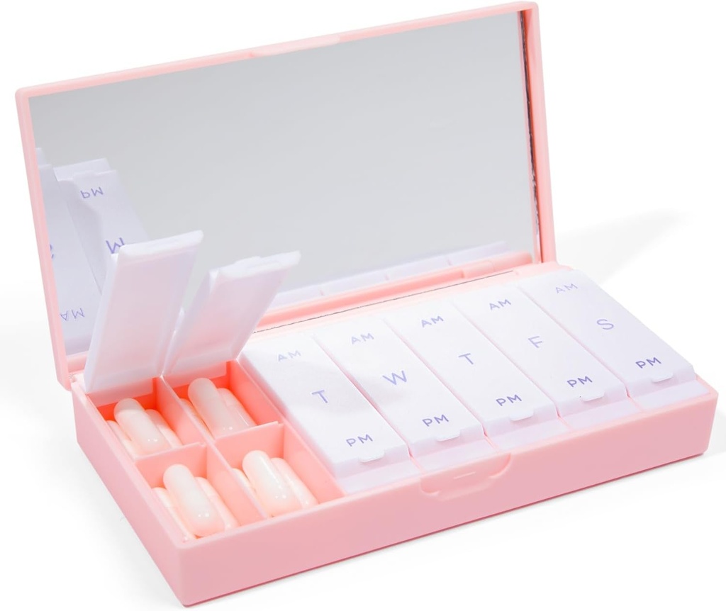 PORT X POLISH Designer Weekly Pill Box Organizátor (AM/PM 2X Daily, Blush Pink) 