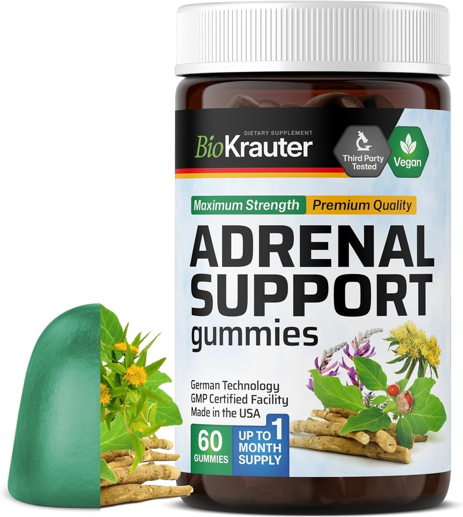 BIO KRAUTER Adrenal Support Gummies - 60 Žuvačky - Rhodiola & Ashwagandha Gummies s vitamínmi C, B6, B12 - Vegan Suplement Podpora nálady