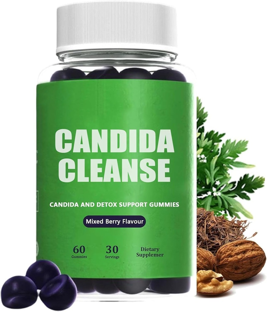 Candida Cleanse, Candida and Detox Support Gummies, 10-in-1 Advanced Formula with Black Walnut, PAU D'Arco & Wormwood, Non-GMO 60 Gummies