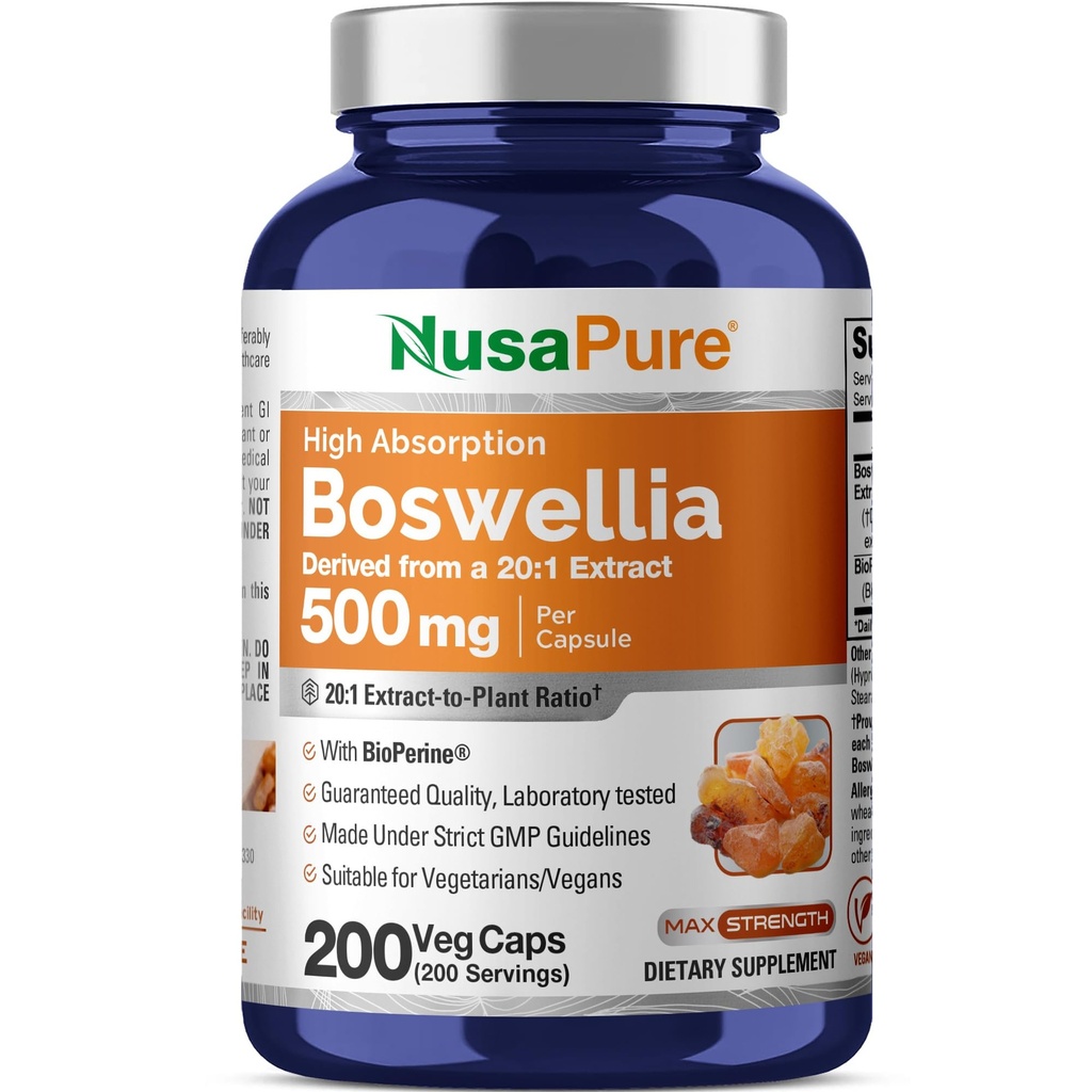 NusaPure Boswellia Serrata 10 000 mg Per Veggie Caps 200 gróf (pred 20:1, Non-GMO, Vegan, Bioperine) Ayurvedic Herb: Indian Olibanum, Frankincense