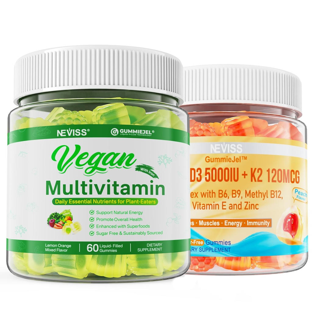 NEVISS Vitamín D3 5000IU + K2 (MK-7) 120mcg s vegánskym multivitamínom pre ženy so železom, vitamín B12, A, D3, K2, Algae Omega 3, horčík, zinok