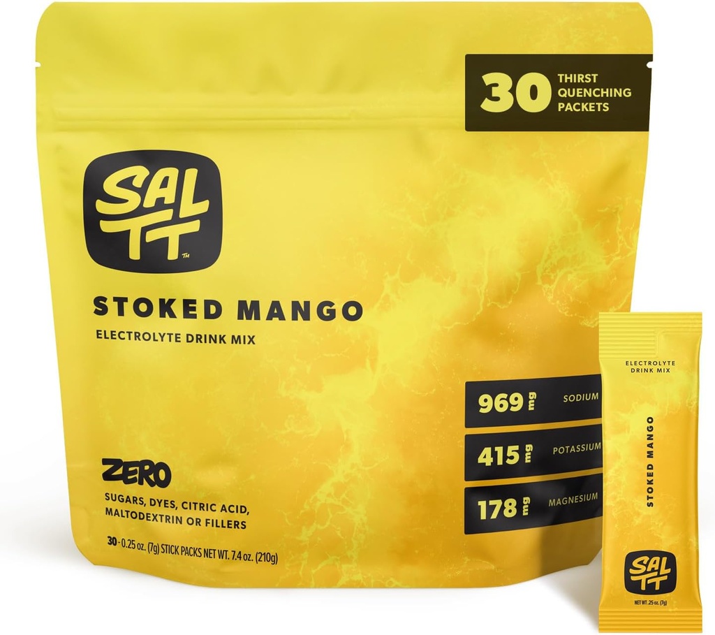 SALTT Electrolytes prášok Ochutený nápoj Mix - Upchaté mango - 30 Hydratačné balíčky - horčík, draslík, sodík, stopové minerály - Zero cukor a lepok zadarmo - Cestovanie Essentials