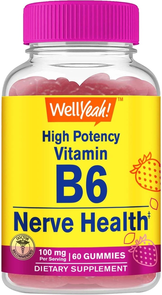 WellYeah High Potency Vitamín B6 Gummy - podporuje Nerve zdravie, kognitívne funkcie, regulácia nálady, Imunitná podpora, a kardiovaskulárne zdravie - Vegan, non-GMO, Gluten-free - 60 Počet