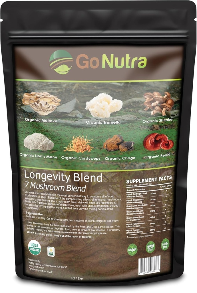 Go Nutra - Organické 7 Huba Supplement, Longevity Mušroom Powder s Lion