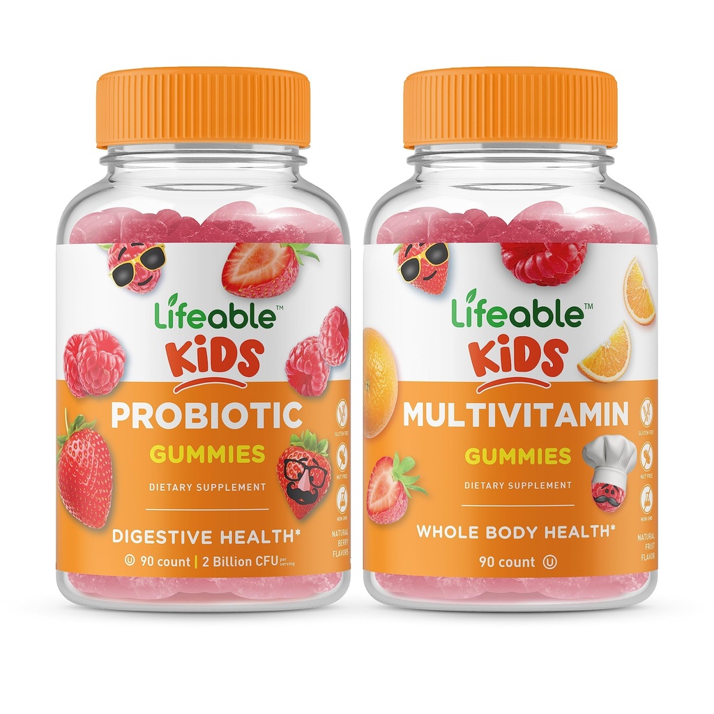 Životaschopné probiotické 2 miliardy CFU Deti + multivitamínové deti, Gummy Bundle - veľké ochutnávky, vitamínové doplnky, bez lepku, bez GMO, Žuvacia Gummy