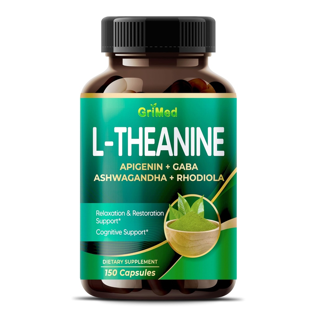 GriMed L-Theanine 11,900mg- X10 Power with Apigenin, GABA Ashwagandha, Rhodiola - Relaxation & Restorianation Focus and Memory - Made in USA (150 Počet (Pack of 1))