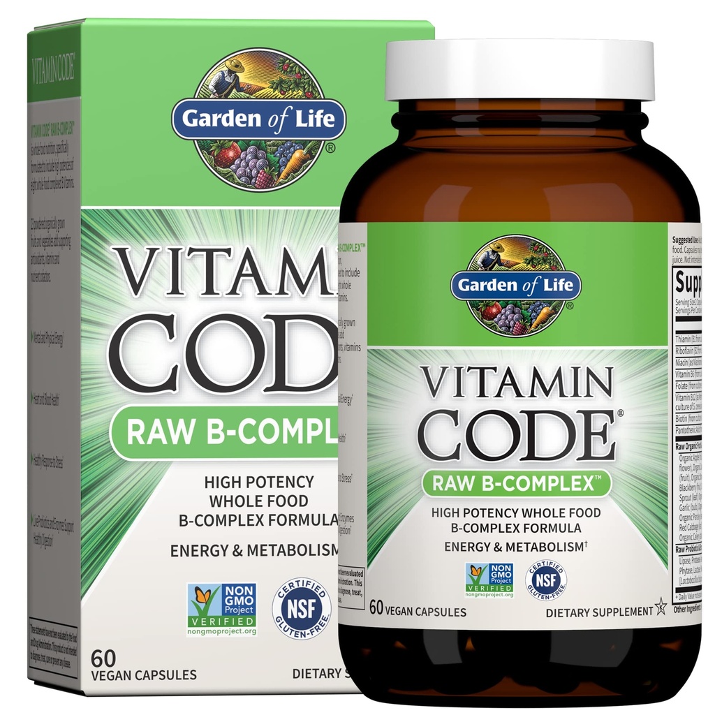 Vitamín B komplex Garden of Life, 60 Vegánske kapsuly, vysoký obsah vitamínov pre energiu a metabolizmus s B6, folát a B12 ako metylkobalamín Plus probiotiká