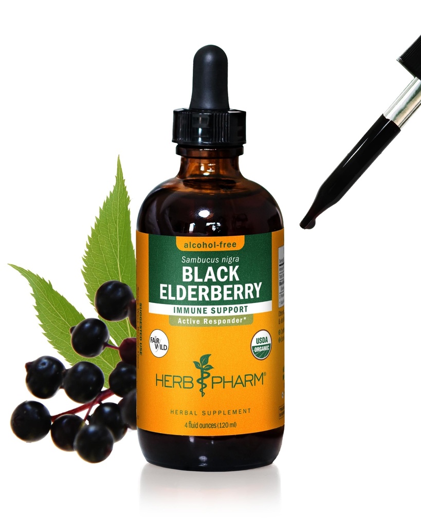 Herb Pharm Certified Organic Black Elderberry Liquid Extract for Immune System Support, alkohol-free Glycerit, 4 Ounce