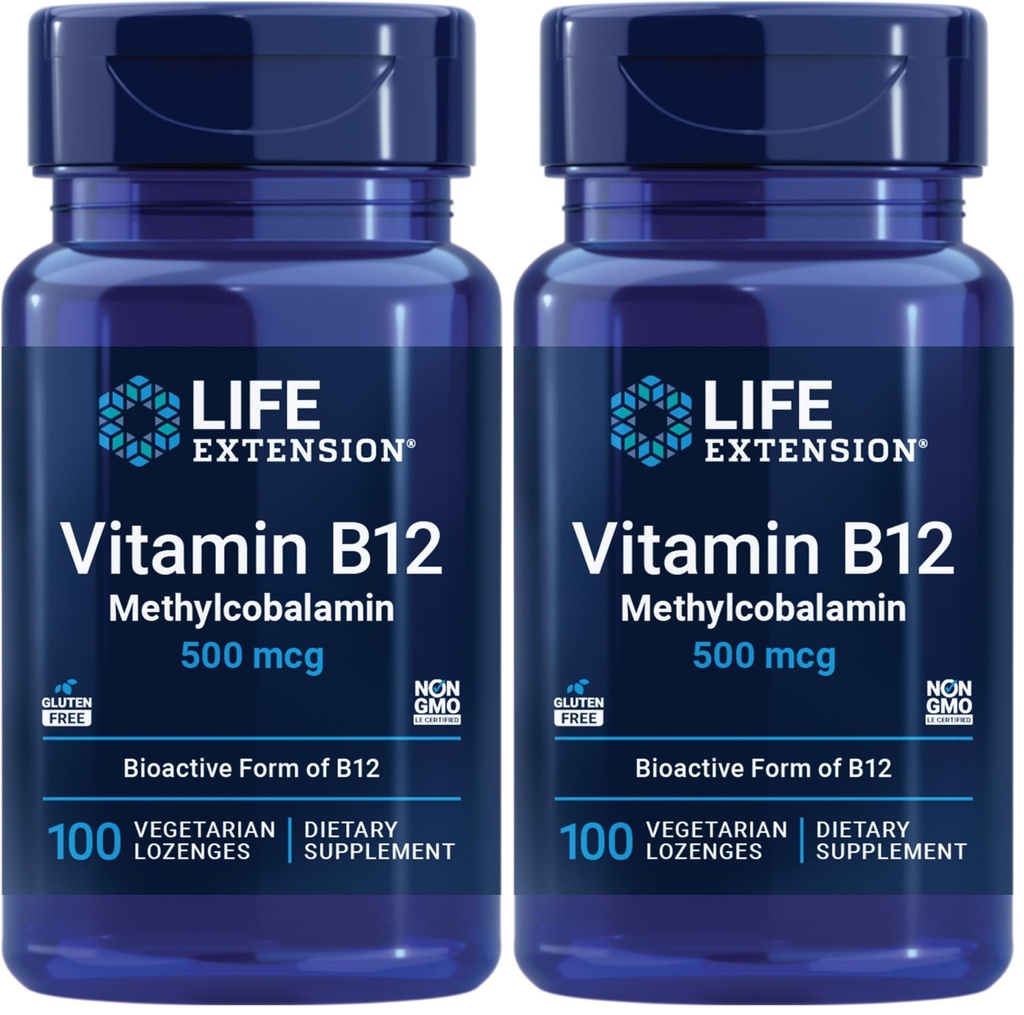 Predĺženie života Vitamín B12 Metylkobalamín 500mcg - Vitamín B12 Doplnok pre všeobecnú energiu a zdravie mozgu - Bezcukrové vegetariánske Lozengy Rozpustite v ústach - Raz denne - 100 Počet