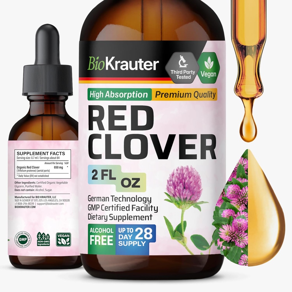BIO KRAUTER Red Clover Tincture - Red Clover Extract - Liquid Supplement for Women's Support - Alkohol a cukor bez - Vegan kvapky 2 Fl.Oz.