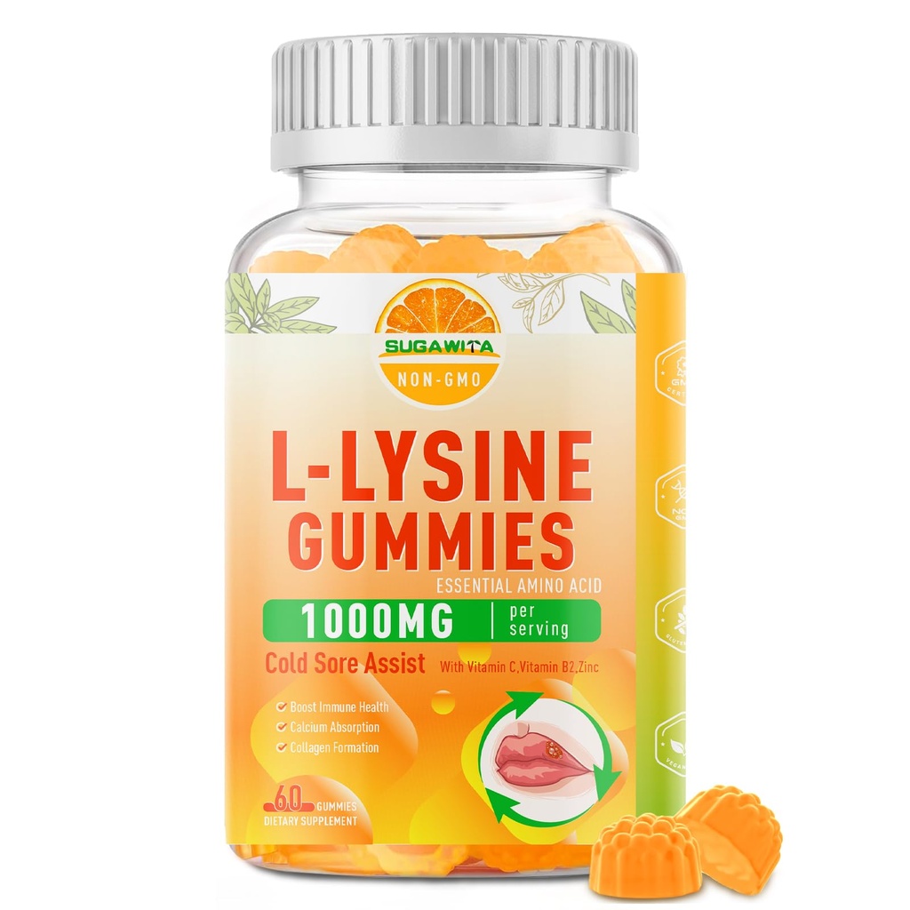L-Lysine Gummies 1000 mg, Cold Sore Supplement with Immune Support for Lips & Oral, Chewable Lysin Gummies for Adults & Kids, Boost Immune & Collagen, Non-GMO, Vegan, Gluten Free - 60 Counts
