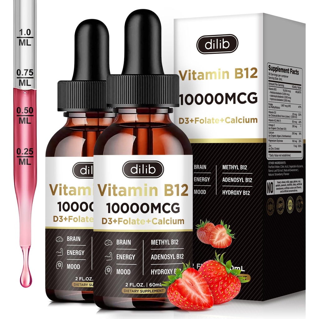 Vitamín B12 Tekuté kvapky Sublingválne 10000 μg, Triple B-12 Complex Supplement, Metyl & Metylkobalamín zmes pre ženy a mužov, Mood & Energy Booster, Metabolizmus a podpora zdravia, 2 balenia