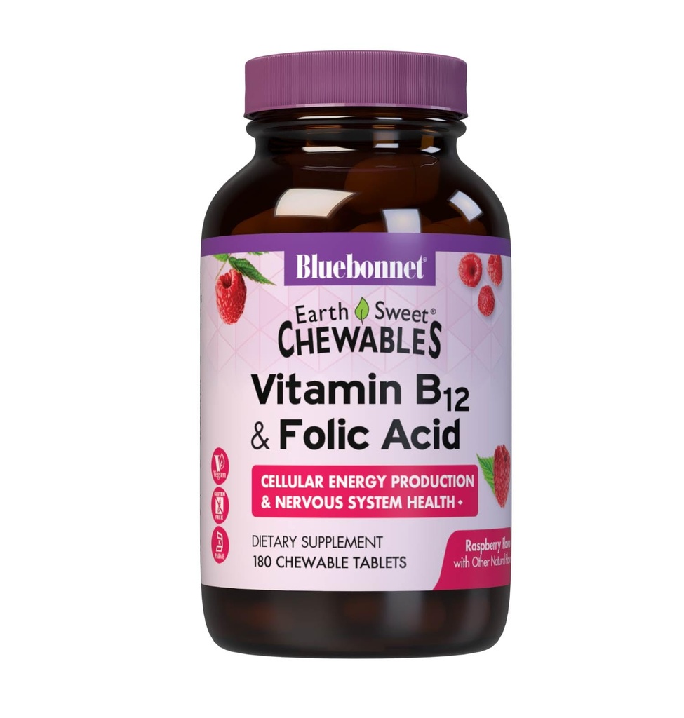 Bluebonnet Nutrition Earth Sweet Vitamin B12 1000 μg a kyselina listová 400 μg Zdravie a energia mozgu * Vitamíny pre ženy a mužov - Vegan, Gluten-free Malinová B 12 Vitamín - 180 Žuvacie tablety