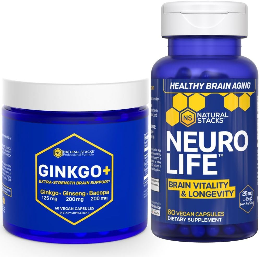 PRÍRODNÉ STACKS Ginkgo Biloba + NeuroLife Supplement Bundle - Podpora Mental Performance & Brain Longevity* - 120 Celkom Kapsule