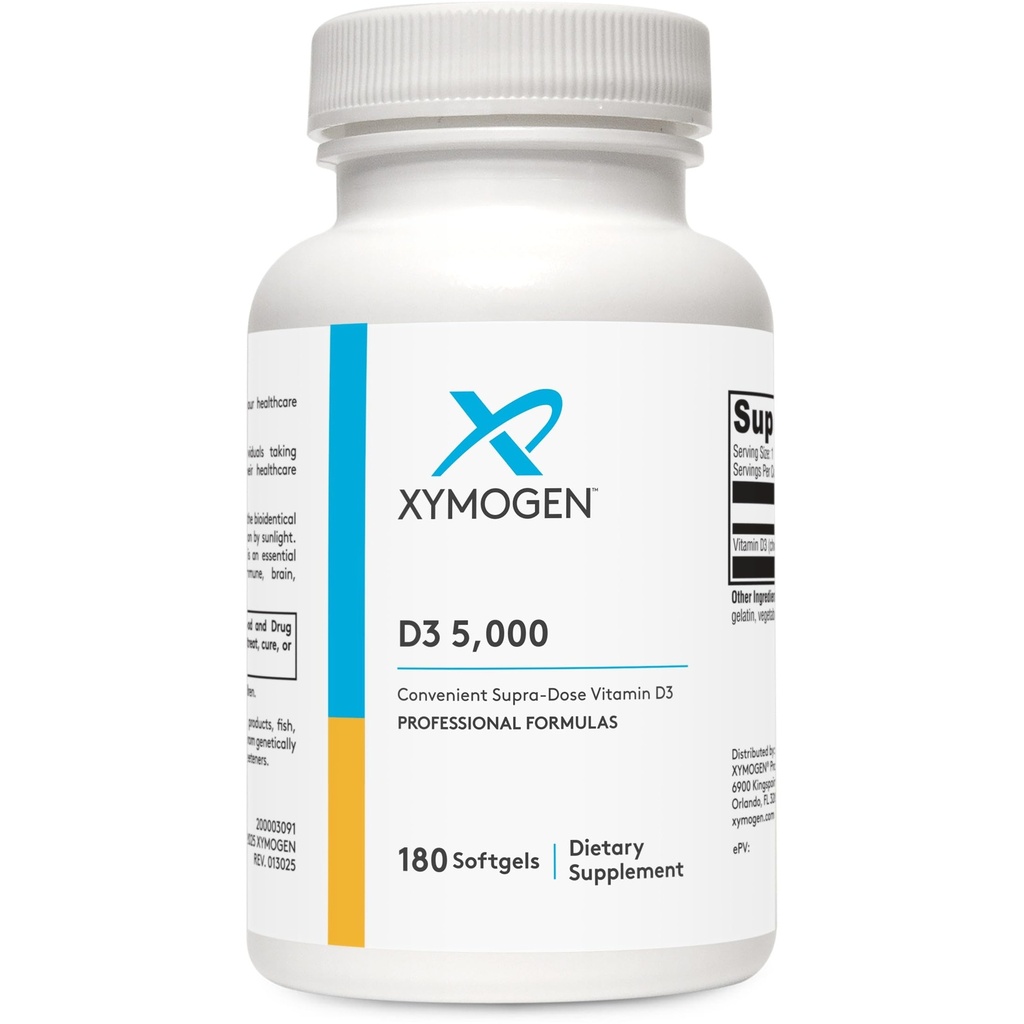 XYMOGEN D3 5000 - Biodostupný vitamín D3 5000 IU (125 μg) - Vysokopotenciálny vitamín D doplnok k podpore imunitného zdravia, kosti + zdravie srdca (180 softgelov)