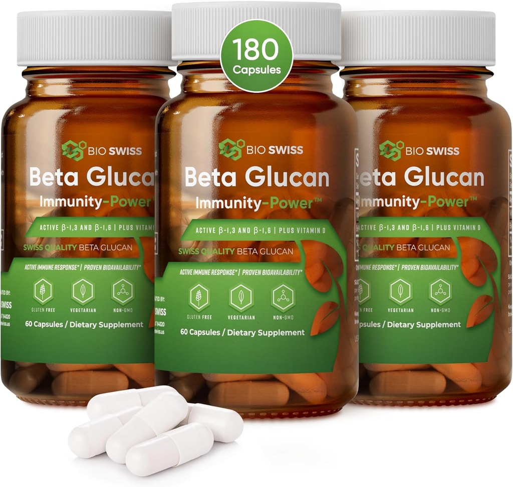 Bio Swiss Beta Glucan Imunity Power - 1,3D-1,6D Glucan s vitamínom D - Immune Suplement for Enhanced Defense and Wellness - Vegan, Gluten-Free (180 Kapsule)