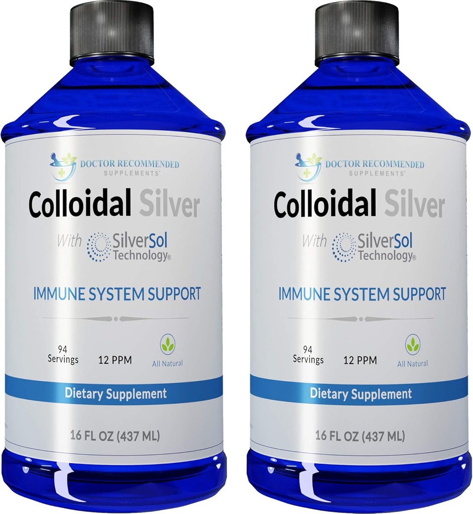 Koloidné striebro Tekutina - 12 PPM Premium Silver Solution, 60 MCG per Serving, All Natural, Vegan Immune System Support, Ionic Silver Water Daily Mineral Supplement (2-16 Fl oz Fľaše)