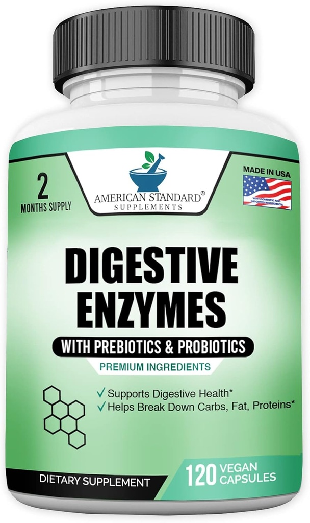 Digestive Enzymes Plus Probiotiká a prebiotiká, 120 Veggie Capsules, For Digestion With Amyláza, Bromelain, Papain, Lipase, Laktáza, Protease, Papain, Cellulase, Vegan & Gluten Free, 2 mesiace dodávky