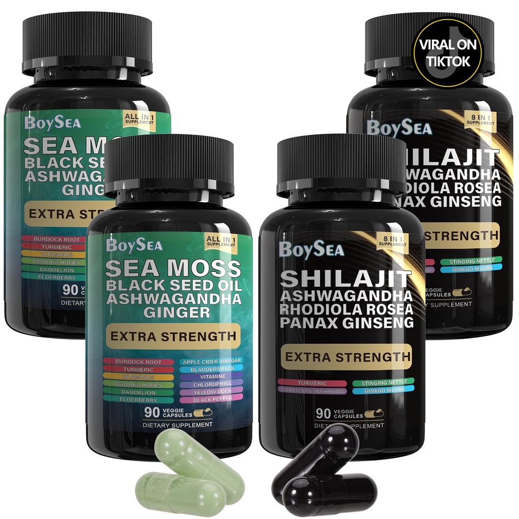 Boysea. Shilajit and Sea Moss Bundle- 90 Count - Morské Moss, Čierne Seed Oil, Ashwagandha, Ginger & Shilajit, Rhodiola Rosea, Všetko v 1 Doplnky (2 Pc)