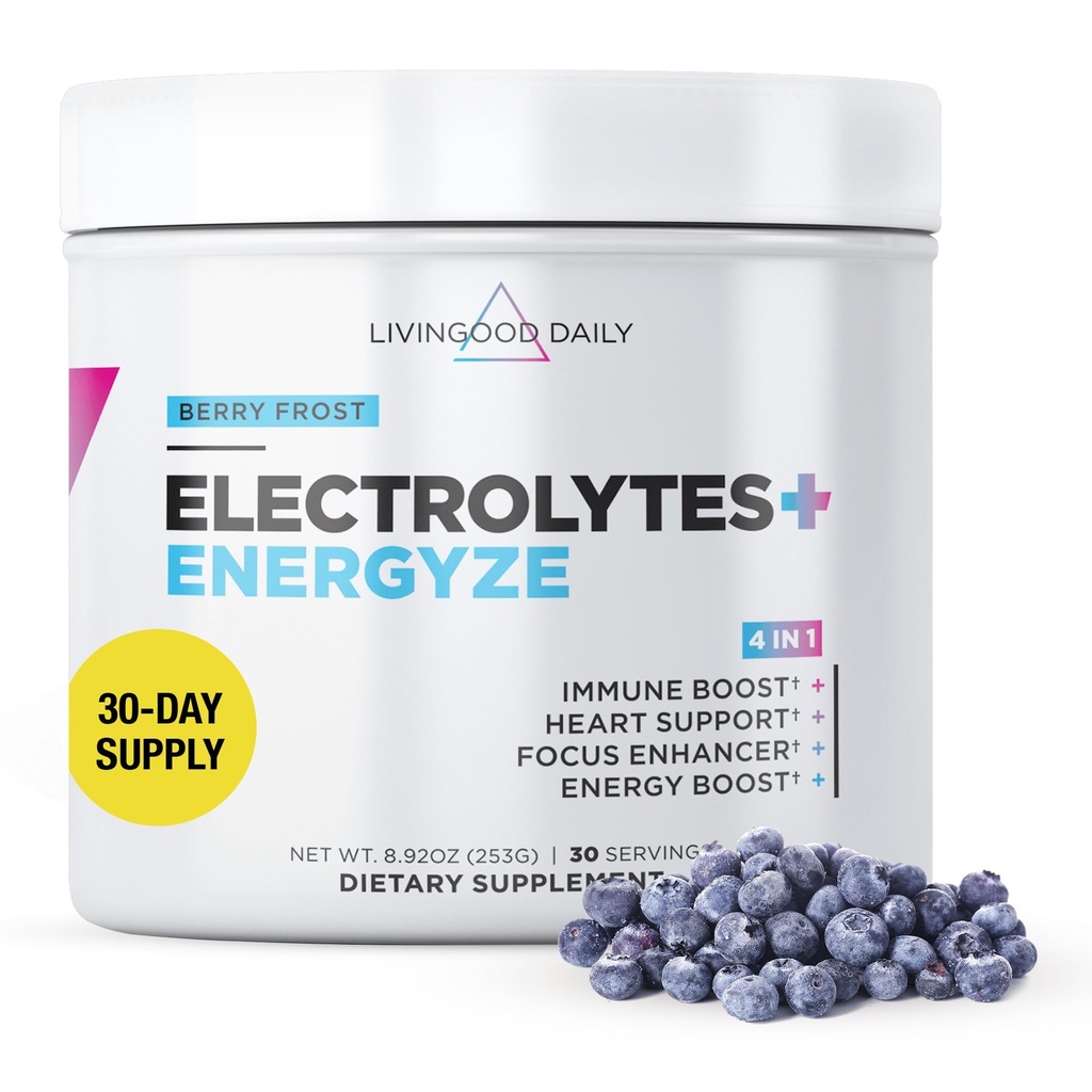 Livingood Daily Electrolytes Powder, Electrolytes Hydration Drink Mix with Vitamin C, Magnézium, Taurín & Sea Salt, Electrolyte Supplement for Energy & Hydration, Keto, Berry Frost Flavor, 30 Srvgs
