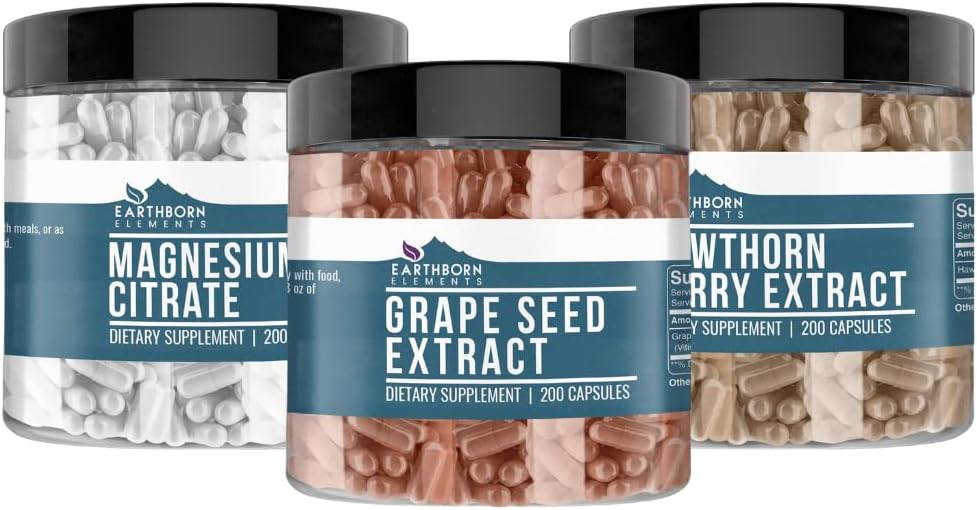 Pozemné prvky Hawthorn Berry, Hroznové semeno, & Magnézium Citrate Bundle (200 caps), čisté a neriedené, žiadne doplnkové látky