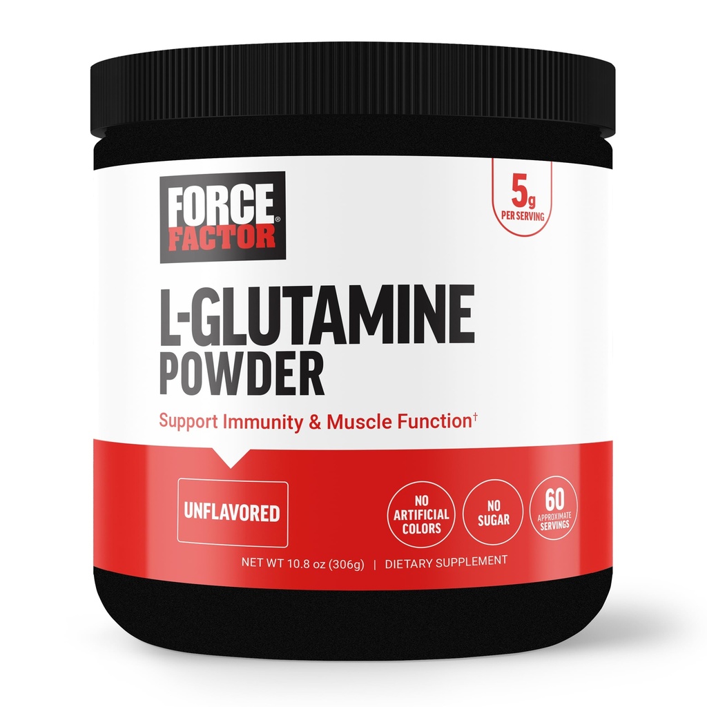 FORCE FACTOR L-Glutamine Powder for Post Workout Recovery, Muscle Recovery, Healthy Muscle Function, and Imunity, 5000mg/5g Glutamine Supplement, Vegan, Non-GMO, 60 Servings