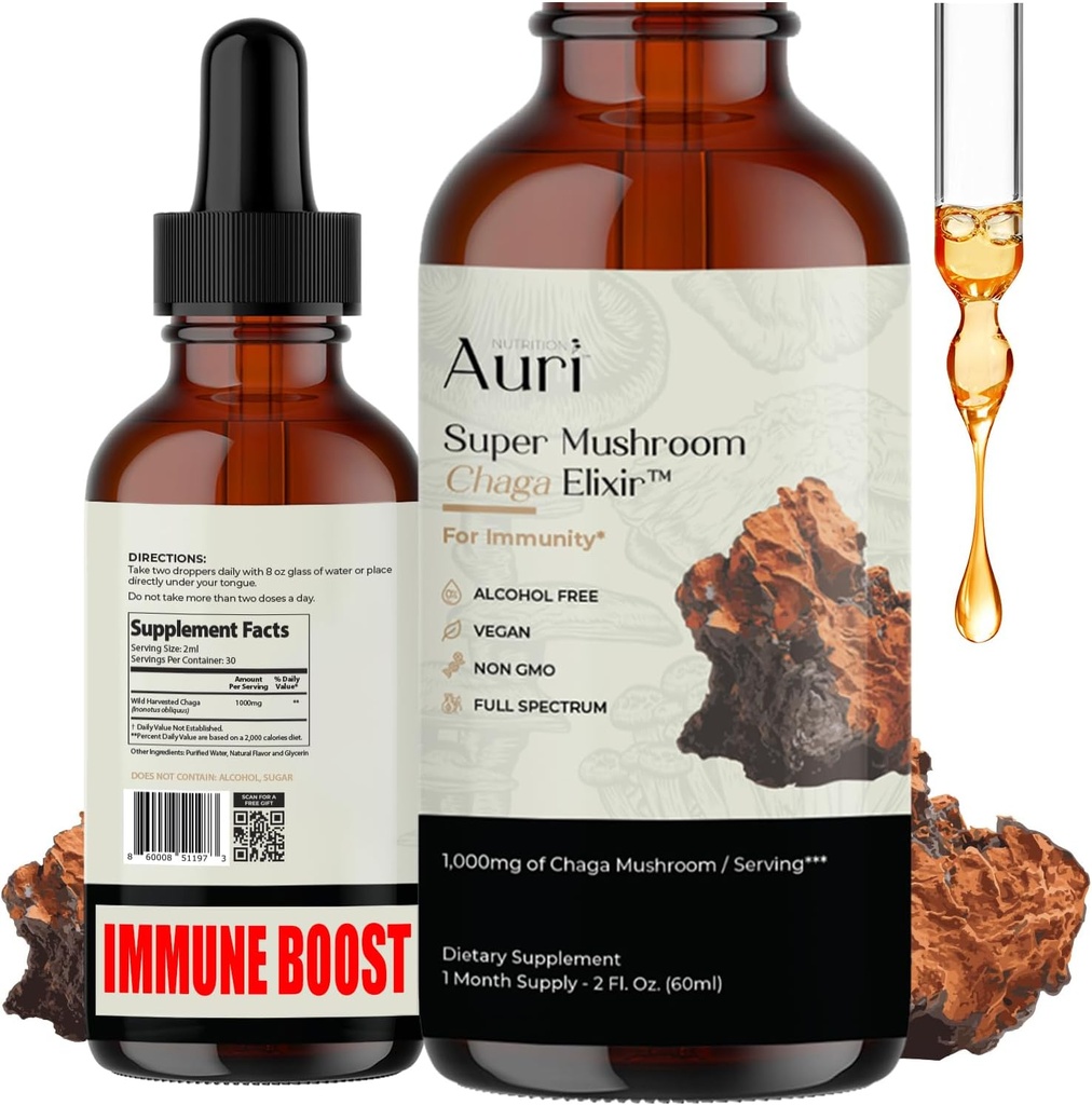 Auri Super Chaga Elixir - Huba Superfood Liquid Supplement with Full Spectrum Immune Support from Oxidative Stres and Energy Lift - Chaga Tincture 60ml