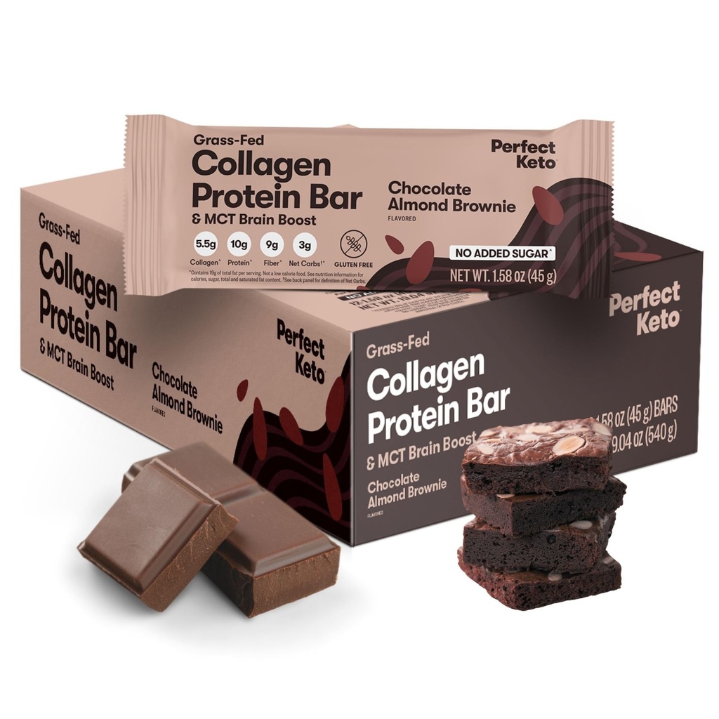 Perfektné Keto Bary - Najčistejšie Keto Snacks s kolagénom a MCT. Žiadny pridaný cukor, Keto Diet Friendly - 3g Net Carbs, 19g Tuk, 10g proteín - Diet Food Dessert (Almond Butter Brownie, 12 barov)