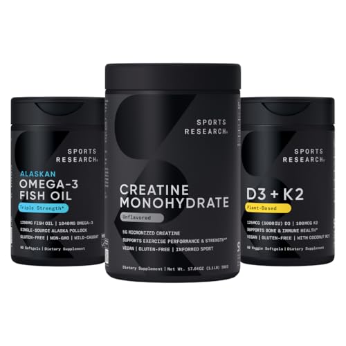 Športový výskum Triple sila Omega 3 Rybí olej - Burpless Fish Oil Supplement w/EPA & DHA Mastné kyseliny, Kreatín Monohydrát a rastlinné vitamín D3 K2 s kokosovým olejom