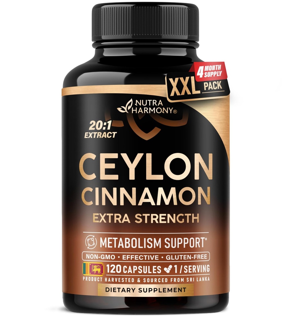 Ceylon škoricové kapsule - Extra sila - Podpora energie, srdca a metabolizmu - pre mužov a ženy - Pure Natural Extract 20:1 Supplement - Made in USA - GMO & Gluten Free, 120 Kapsule, 4 mesiace Zásoba