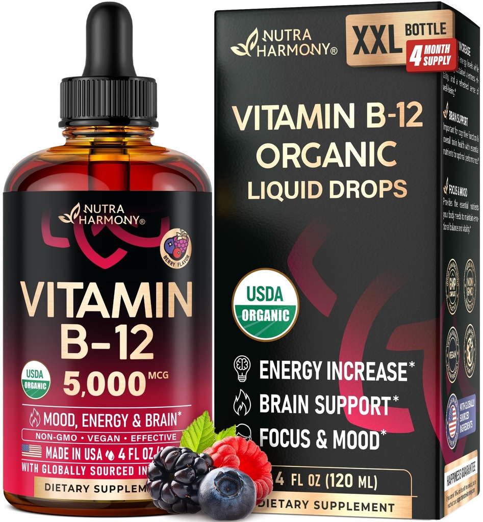 USDA Organic Vitamín B12 Sublingválne kvapky - 5000 mcg Liquid Vegan Metylkobalamín pre ženy a mužov - Energy Boost, Focus & Mood, Brain Health Support - Maximalizácia absorpcie - 4 mesiace Zásobovanie, 4 fl oz