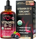 USDA Organic Vitamín B12 Sublingválne kvapky - 5000 mcg Liquid Vegan Metylkobalamín pre ženy a mužov - Energy Boost, Focus & Mood, Brain Health Support - Maximalizácia absorpcie - 4 mesiace Zásobovanie, 4 fl oz