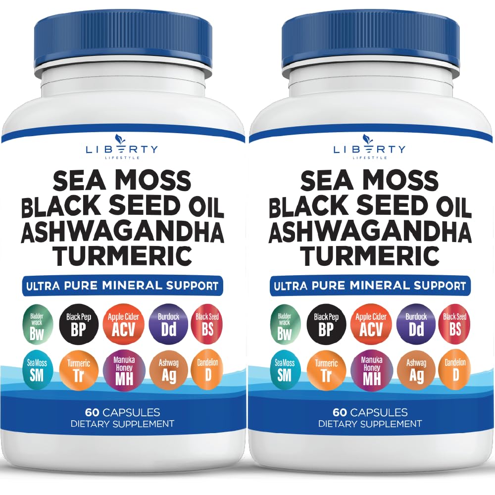 Morské machy Čierne semeno olej Ashwagandha Turmerica Bladderwrack Burdock - s Manuka, med púpava, ACV Black Pepper Gluten Free - 2-Pack