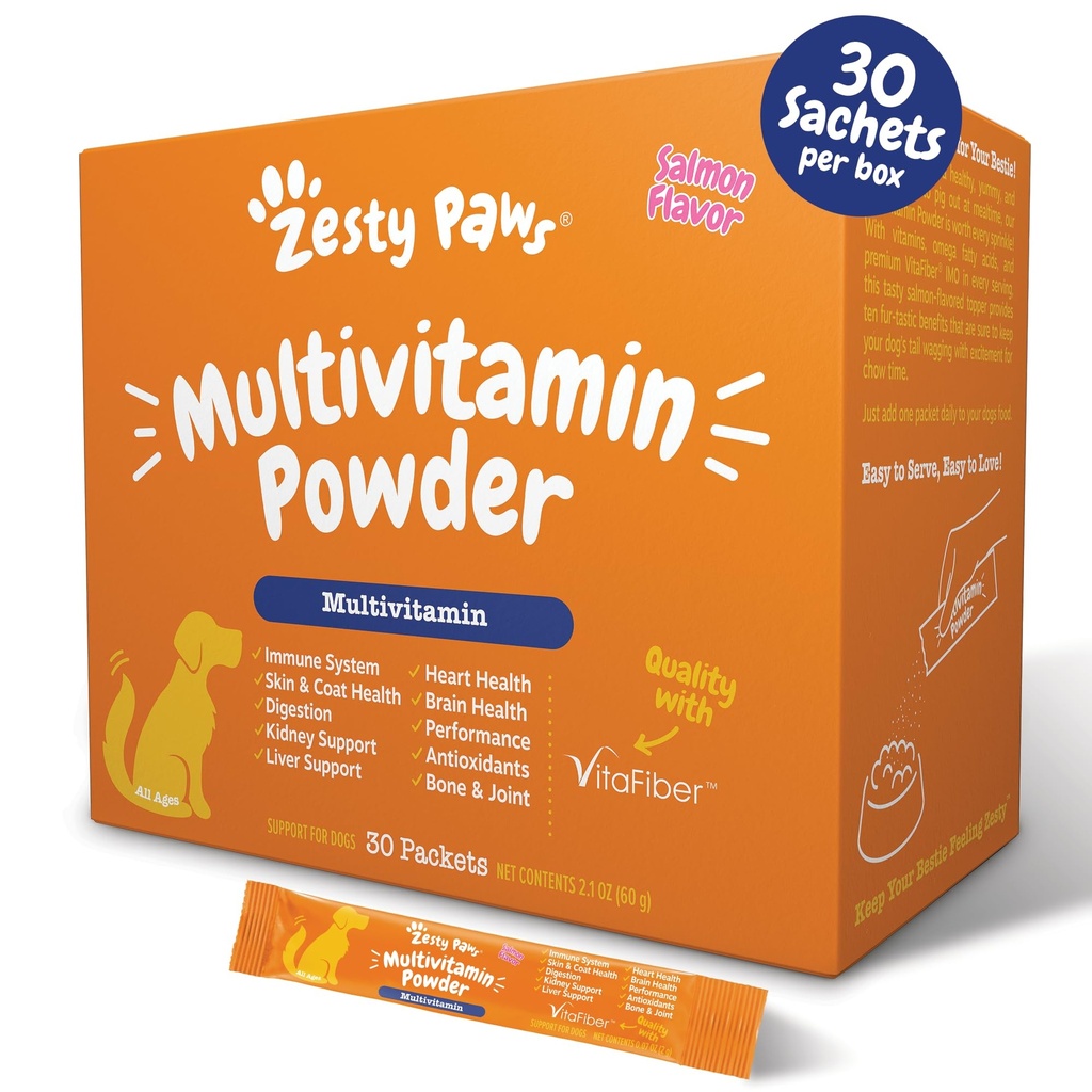 Zesty Paws 10-v-1 pes Multivitamín - Gut, Immune, Joint, Skin & Coat Support, a viac - Psie vitamíny a doplnky prášok - Pet Supplements with Omega Fish Oil & VitaFiber - Salmon - 30 Ct