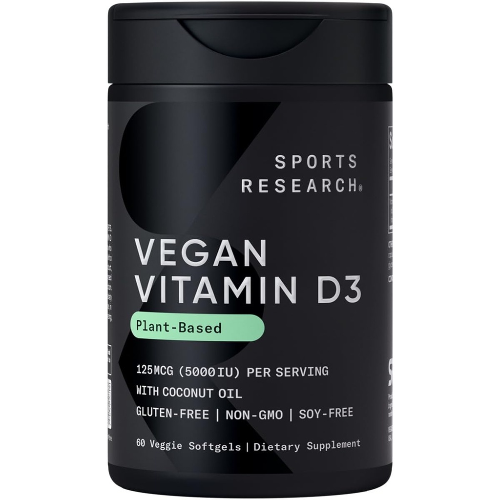 Športový výskum Vegan Vitamín D3 5000IU (125 mcg) s kokosovým olejom 100% Rastlinný vitamín D pre kosti, Joint & Immune Support 